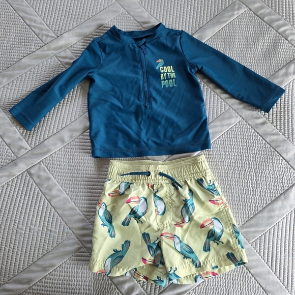 🔥5 FPR $25🔥Carter's 2 Piece Set Baby Boy Rash Guard And Swim Trunks 12M - Picture 1 of 8
